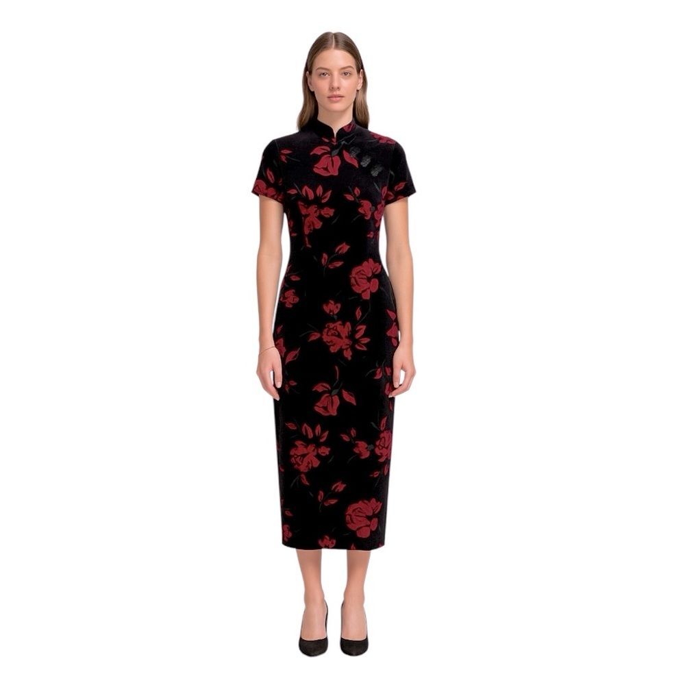 Vintage 90's Amanda Smith Black and Red Floral Velvet Formal Party Dress